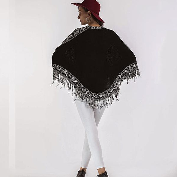 Loose V-Neck Fringed Bat Sleeve Sweater