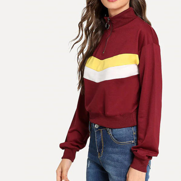 Patchwork Color Stand Collar Loose Sweatshirts