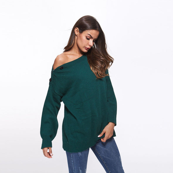 Loose Button Off Shoulder Sweaters