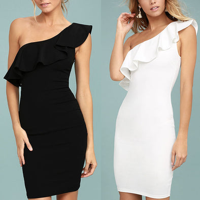 Sexy Ruffle One Shoulder Plain Bodycon Dress