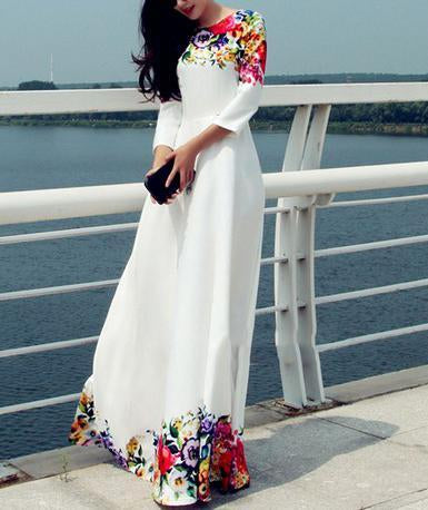 Printed Floor Length White Evening Dress