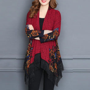 Vintage Printed Tassel Cardigan Shawl For Women