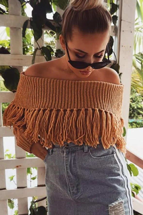 Fashion Tasseled Off-the-shoulder Long Sleeve Sweater Tops