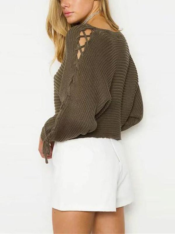 Sexy Off-Shoulder  Bat Sleeve Knit Tie Sweater