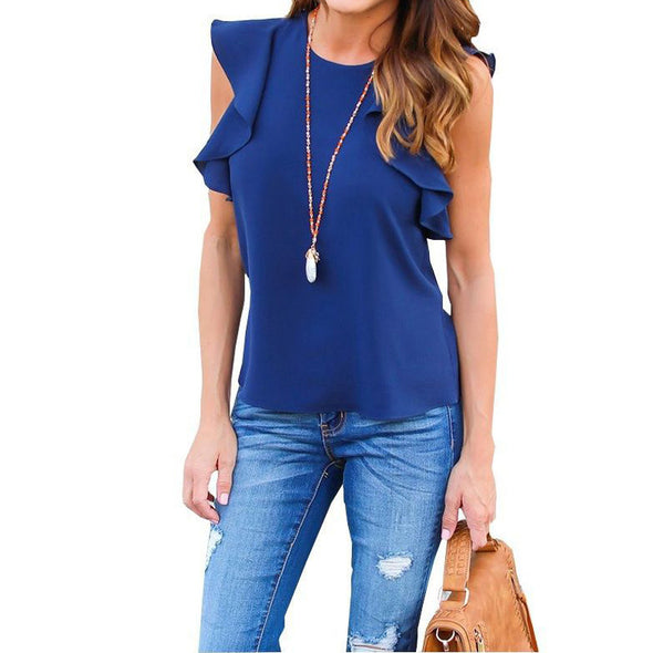 Women's ruffled sleeve O-neck T-shirt