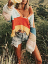 V-Neck Rainbow Striped Fringed Loose Irregular Knit Sweater