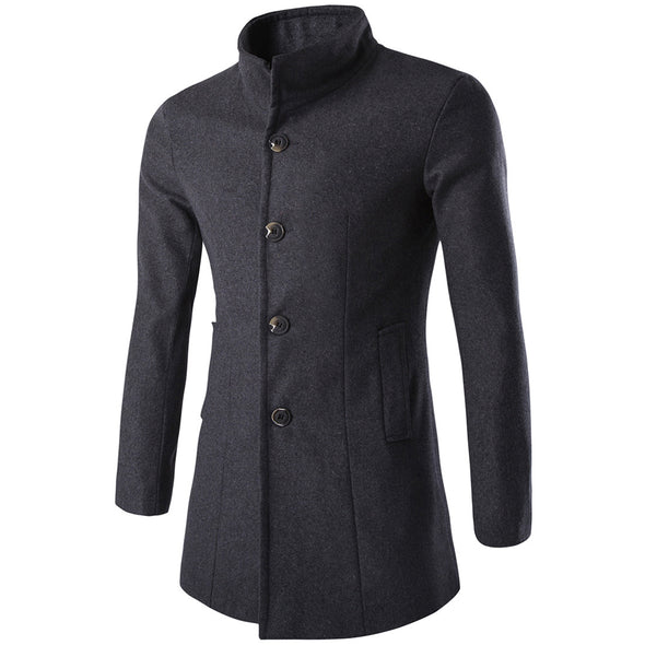 New Fashion Solid Color Lapel Long Men's Wool Coat