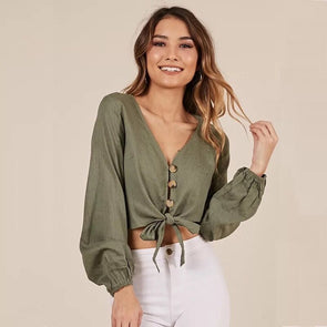 V-neck single-breasted lantern long-sleeved blouse