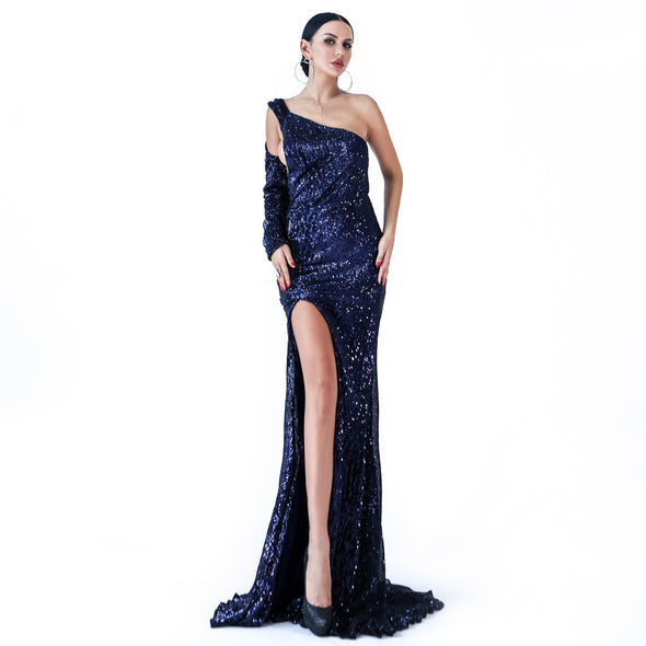 Sexy Off Shoulder Halter Sequined Split Mopping Evening Dress