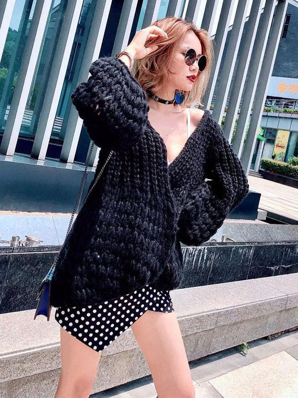 Puff Sleeves Loose Cardigan Sweater Tops