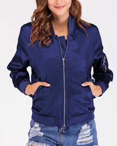 Solid Color Long Sleeve Zip Jacket