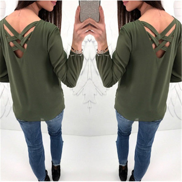 Women's V-neck zipper solid color long-sleeved chiffon shirt