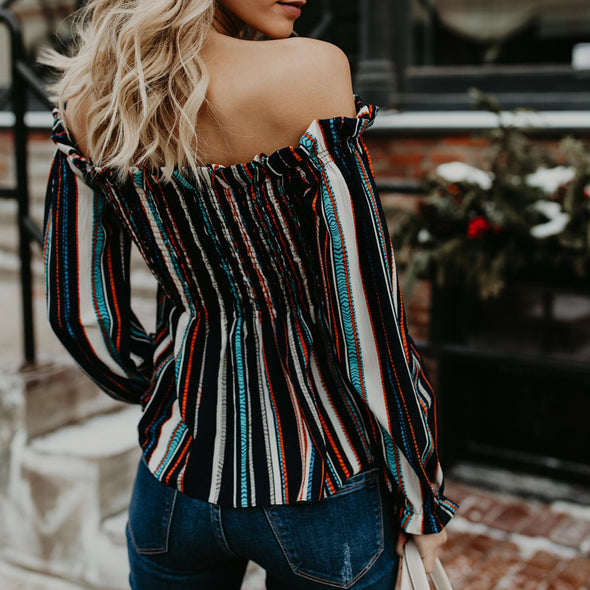 Striped Slash Neck long-sleeved Slim Shirt