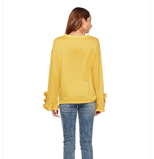 Lotus leaf Pure Color Round Neck Sweatshirt