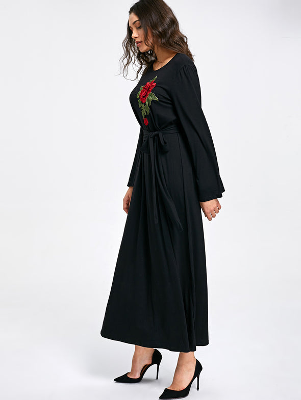 Embroidery Long Sleeve Black Shift Dresses