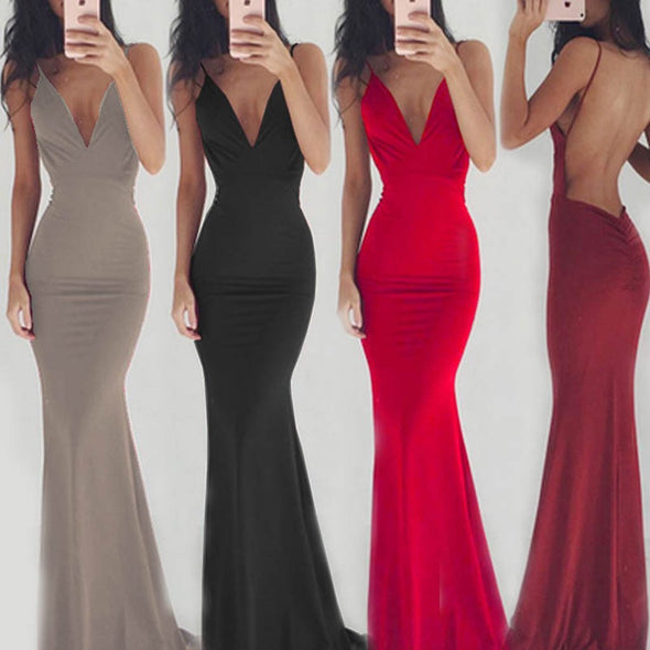 Elegant Sexy Deep V Collar Sleeveless Open Back Maxi Slip Dress