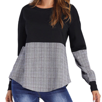 Fashion Stitching Plaid T-shirt Sweatshirt