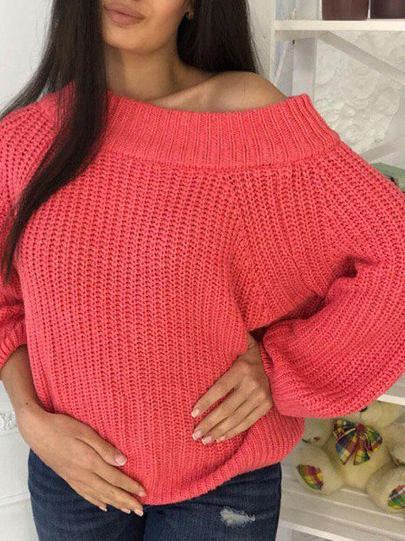 Round Neck Long Sleeve Pull Over Off-Shoulder Knit Sweater