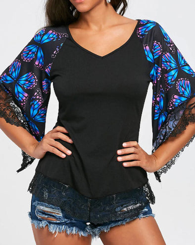 Printed Short-Sleeved Lace Stitching V-Neck T-Shirt