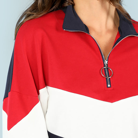 Colorblock Stand Collar Zipper Long Sleeve Sweatshirt