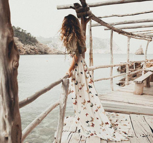 Sexy Off Shoulder Butterflies Floral Printed Maxi Dress