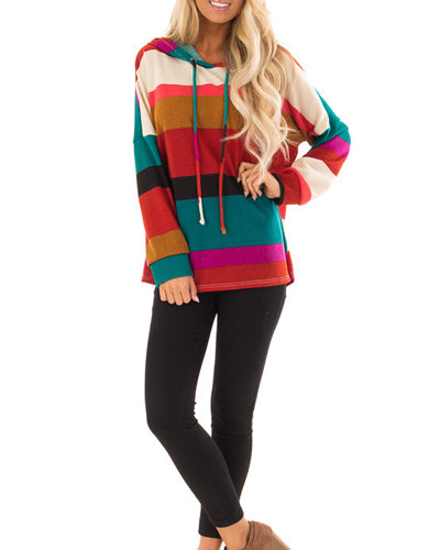 New Rainbow Stripe Loose Hooded Sweater