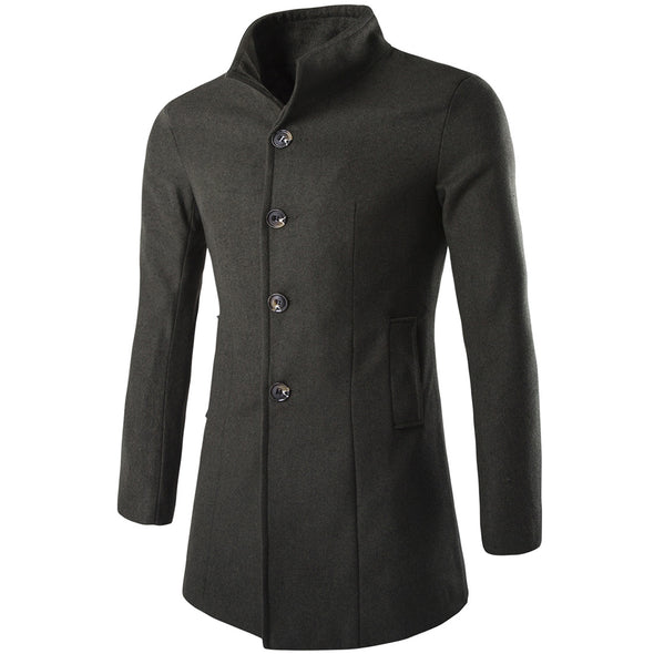 New Fashion Solid Color Lapel Long Men's Wool Coat