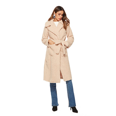 Lapel Bandage Woolen Plush Women's Coat