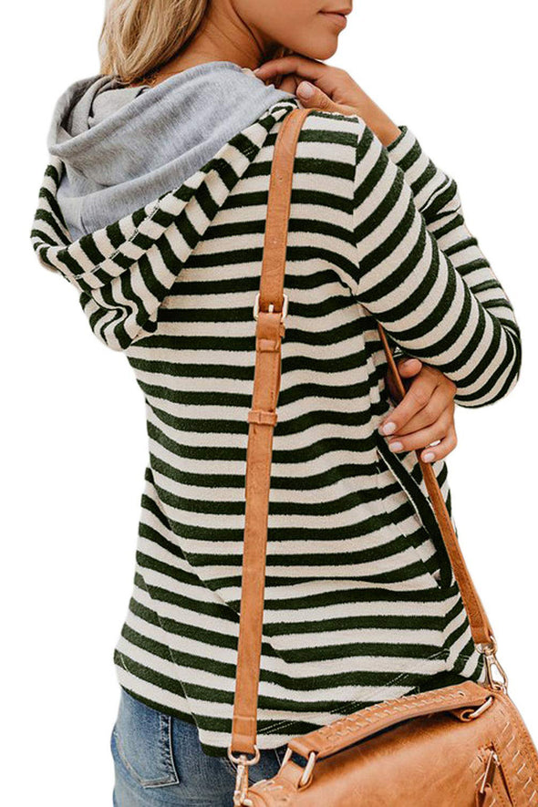 Long Sleeve Striped Button Hooded Sweater