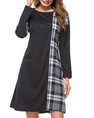 New Round Neck Black Plaid Long Sleeve Dress