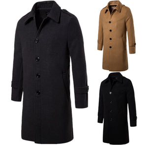 New Men's Long Single-breasted Wool Coat