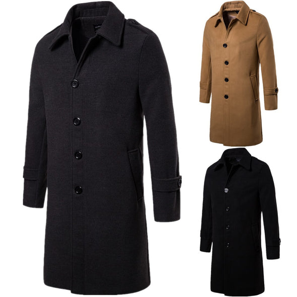 New Men's Long Single-breasted Wool Coat