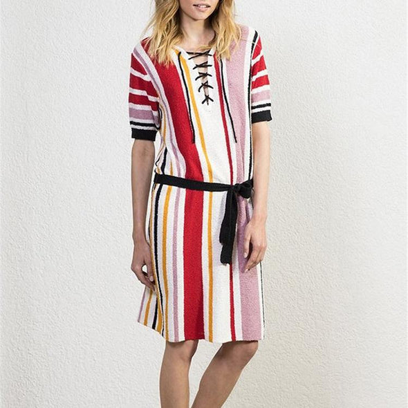 Colored Vertical Striped Knitted Chest Strap Beach Vacation Dress