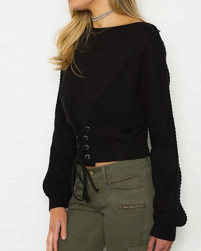 V-neck Loose Cross Straps Drawstring Openwork Sweater