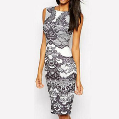 Round Neck  Abstract Print Bodycon Dress