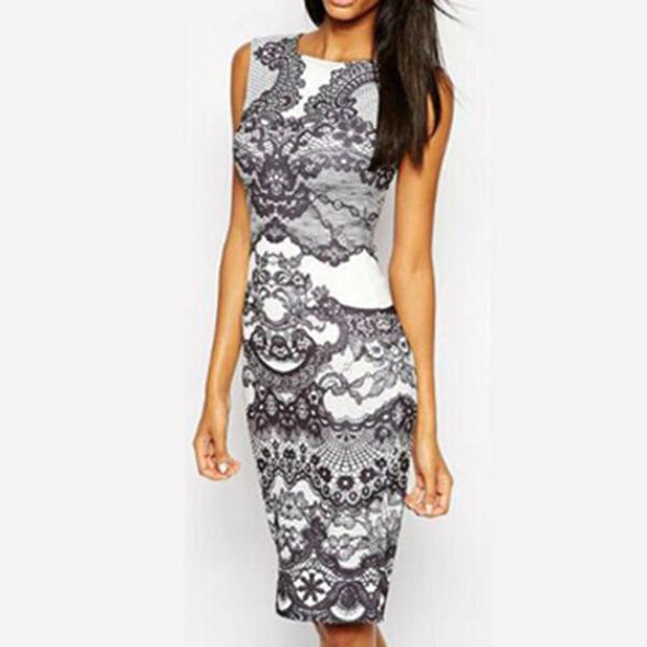 Round Neck  Abstract Print Bodycon Dress