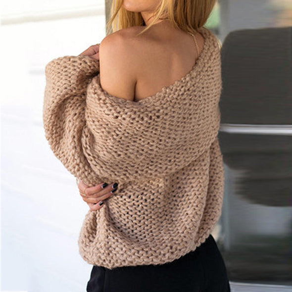 Lapel Off-The-Shoulder Loose Thick Sweater