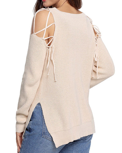 Knit Long Sleeve O-Leather Off Shoulder Knit Sweater