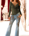 New V-Neck Ruffled Slim Long-Sleeved T-Shirt