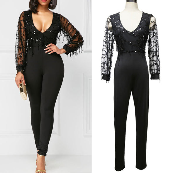 Sexy Deep V-Neck Sequin Stitching Jumpsuit