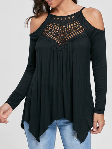 Lace Panel Strapless Long Sleeve T-Shirt