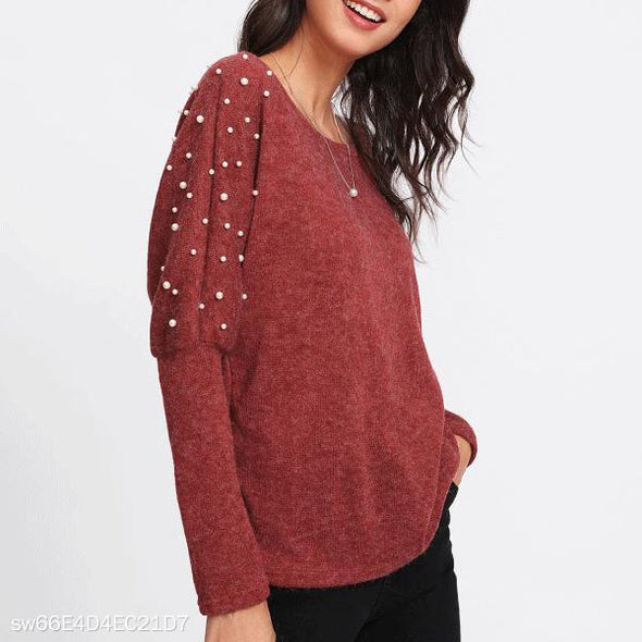 Round Neck Long Sleeve Pearl Knit Sweater