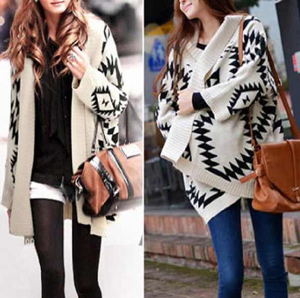 Geometric Pattern V-Neck Long-Sleeved Knit Cardigan