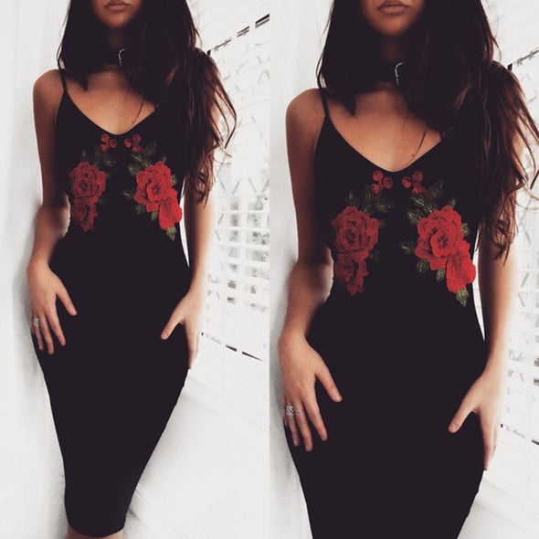 Slim Spaghetti Straps Embroidery Bodycon Dress