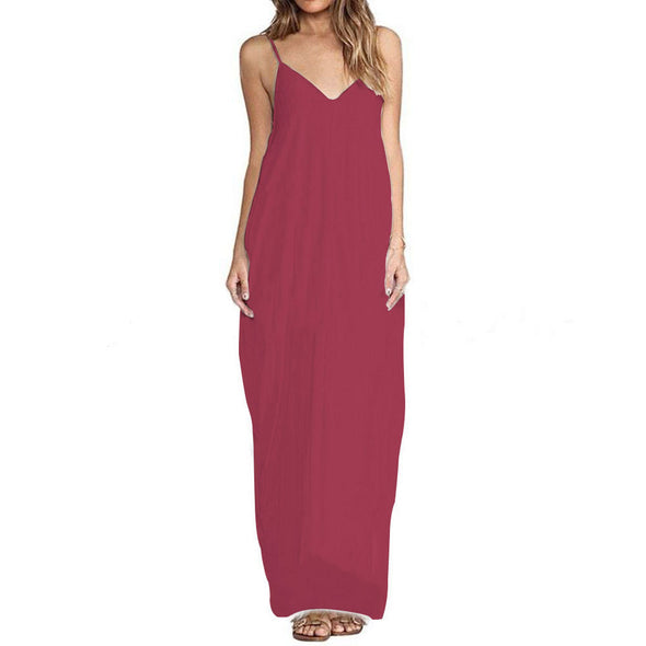 Simple Solid V-Neck Sling Linen Maxi Dress