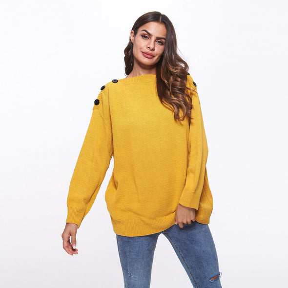 Loose Button Off Shoulder Sweaters