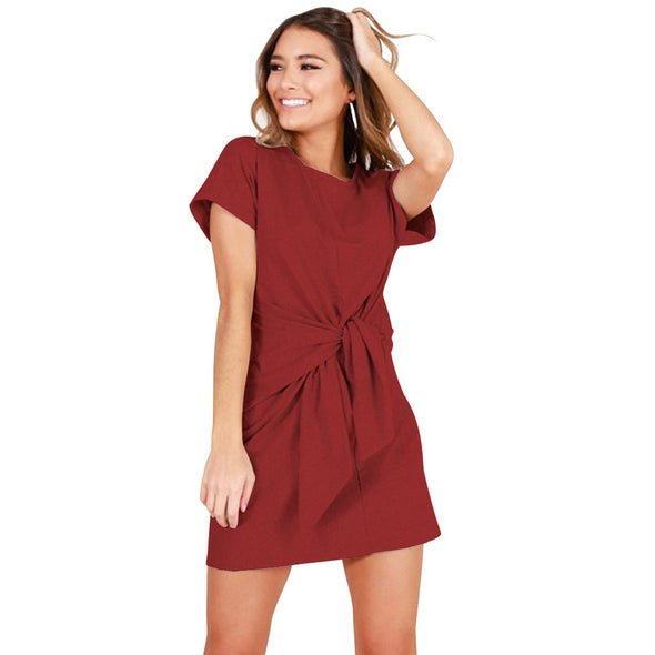 Casual O-Neck Bandage Cotton Short Dress