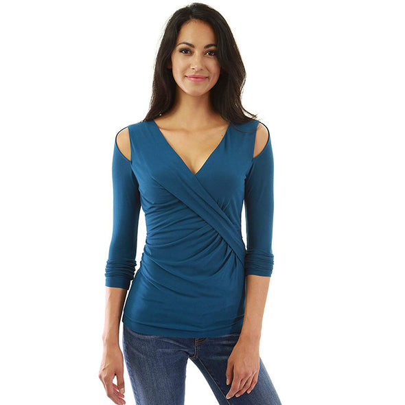 Sexy Skinny Solid Color V-Neck Long Sleeve T-Shirts