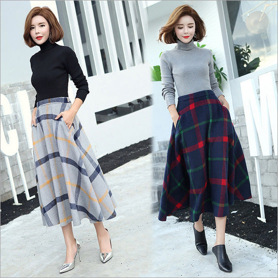 The New Plaid Woolen Long Skirt Female