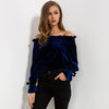 Gold Velvet Wooden ear Off Shoulder Bell Sleeve Blouses